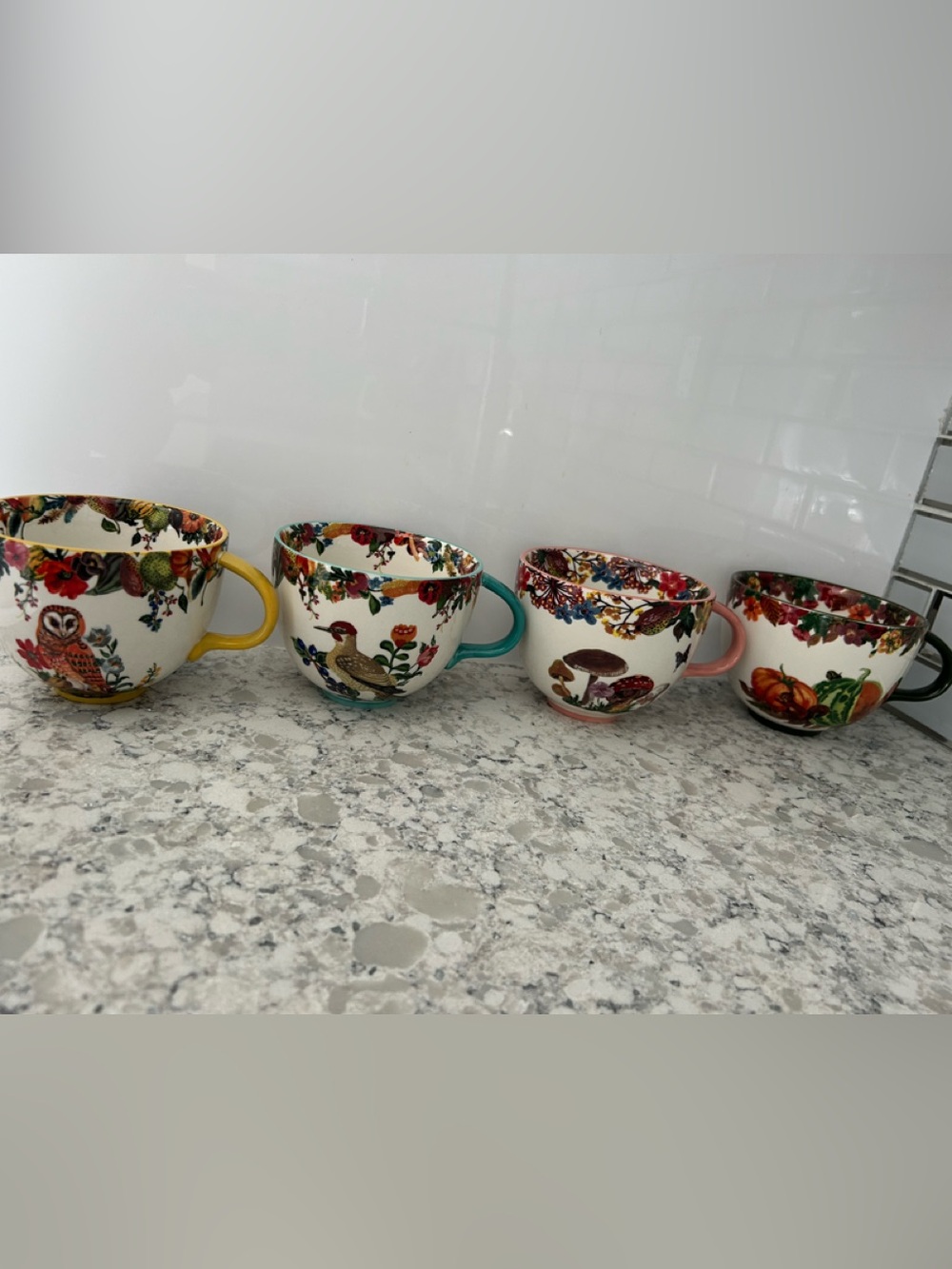 Set of 4 Anthropologie Nathalie Lete 17 0z Mugs Coffee /Tea Cup Woodland Floral
